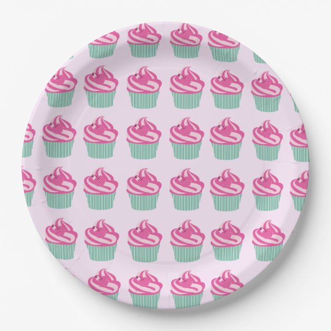 Cute Pink Cupcakes Pattern Pastel Pink Paper Plate (Front)