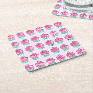 Cute Pink Cupcakes Pattern Pastel Pink Square Paper Coaster