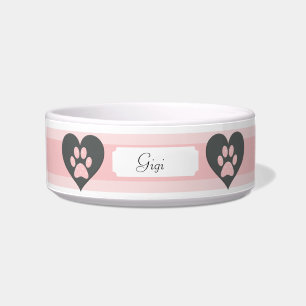 Cute Pink Custom Dog Bowl w/Polka Dotted Paws