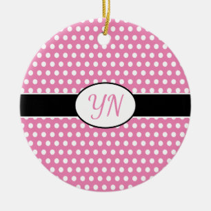 Cute Pink Custom initials Polka Dot Ceramic Ornament