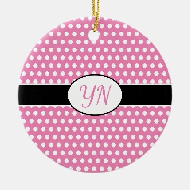 Cute Pink Custom initials Polka Dot Ceramic Ornament (Front)