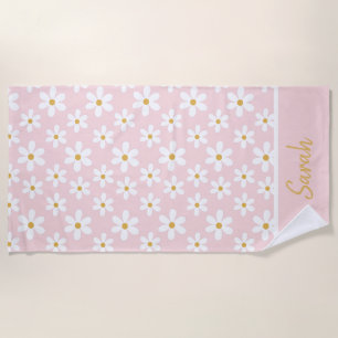 Cute Pink Daisies Custom Name Floral Personal  Beach Towel