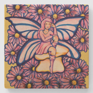 Cute Pink Daisy Fairy Mushroom Art Fairies         Stone Coaster