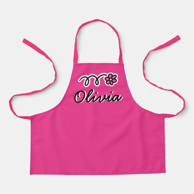 Cute pink daisy flower kid's baking apron for girl (Front)