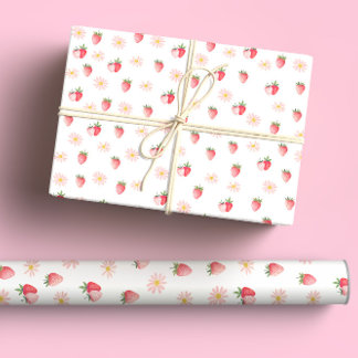 Cute Pink Daisy & Strawberries Pastel Watercolor Wrapping Paper