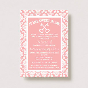 Cute Pink Damask Home Sweet Home Housewarming Invitation