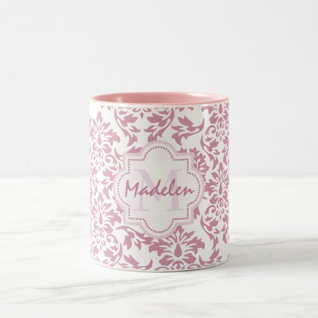 cute pink damask,name initial monogram Two-Tone coffee mug (Center)