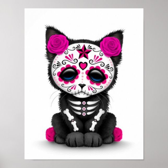 Cute Pink Day of the Dead Kitten Cat, white Poster (Front)