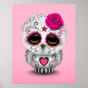 Cute Pink Day of the Dead Sugar Skull Owl Poster