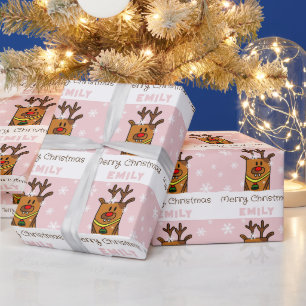 Cute Pink Deer Drawing Snowflakes Girl Christmas Wrapping Paper