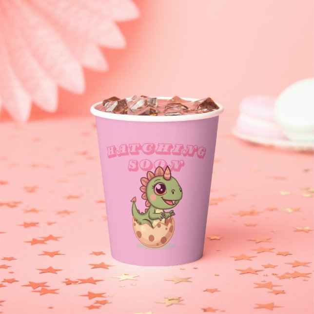 Cute Pink Dino Hatching Soon Paper Cups (Insitu)