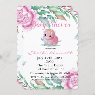 Cute Pink Dinosaur and Peony Baby Shower Invites