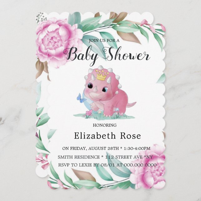 Cute Pink Dinosaur and Peony Baby Shower Invites (Front/Back)