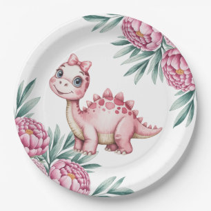 Cute Pink Dinosaur and pink Baby Shower Paper Plate