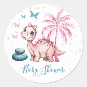 Cute Pink Dinosaur Baby Shower Classic Round Sticker