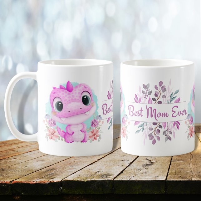 Cute Pink Dinosaur Floral Best Mum Ever Coffee Mug (Creator Uploaded)
