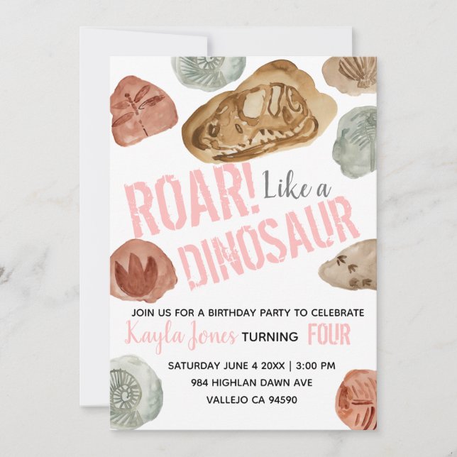 Cute pink dinosaur fossil birthday invitation (Front)