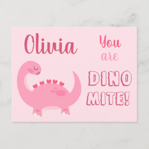 Cute pink dinosaur girl Valentine's Day Dino-Mite Postcard