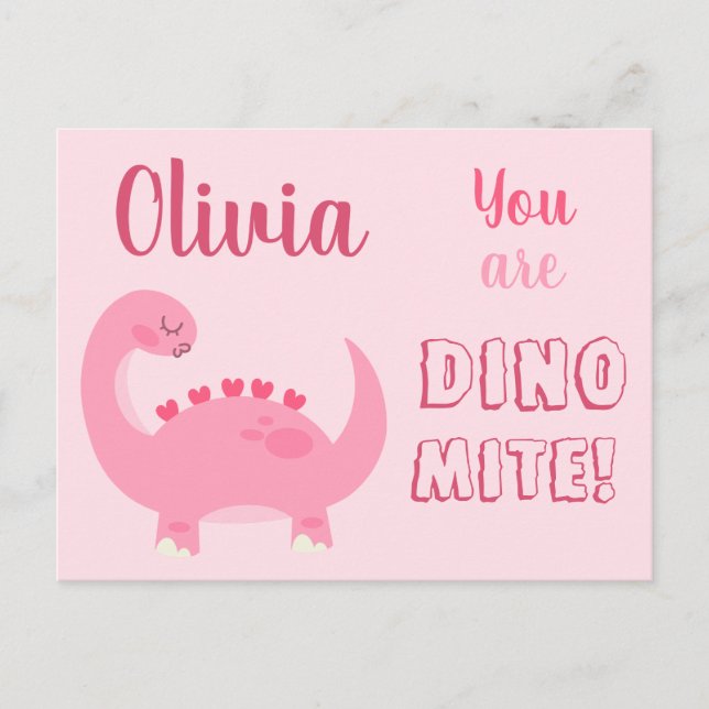 Cute pink dinosaur girl Valentine's Day Dino-Mite Postcard (Front)