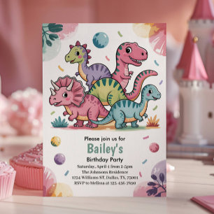 Cute Pink Dinosaur Kids Birthday Party Invitation