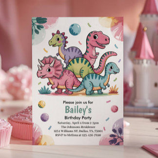 Cute Pink Dinosaur Kids Birthday Party Invitation