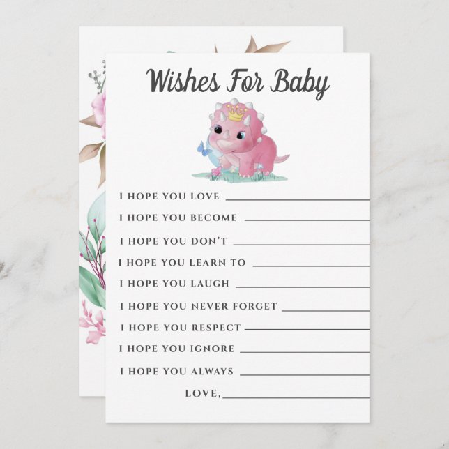 Cute Pink Dinosaur Peony Wishes Baby Shower Card (Front/Back)