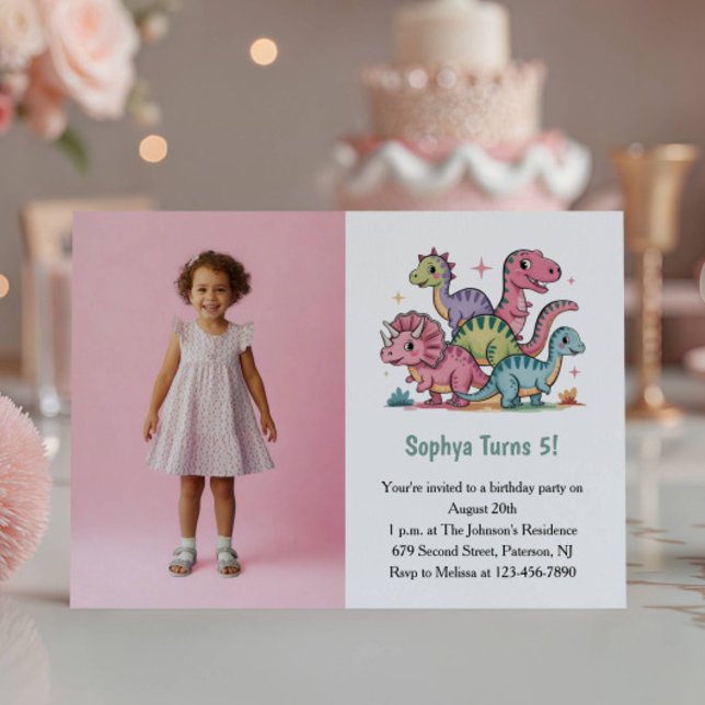 Cute Pink Dinosaur Photo Kids Birthday Party Invitation (Creator Uploaded)