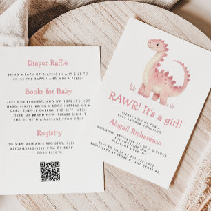 Cute Pink Dinosaur QR Code Girl Baby Shower Invitation