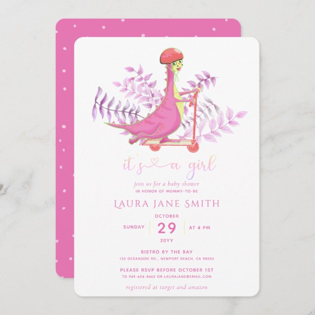 Cute Pink Dinosaur Scooter Girl Baby Shower Party Invitation (Front/Back)