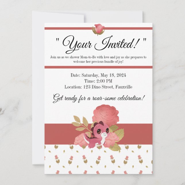 Cute Pink Dinosaur Theme Baby Shower Invitation (Front)