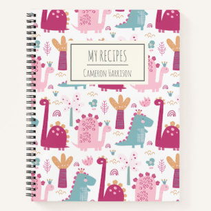 Cute Pink Dinosaurs Personalised Kids Recipe Notebook