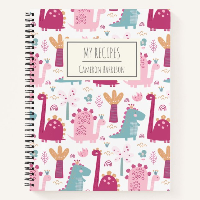 Cute Pink Dinosaurs Personalised Kids Recipe Notebook (Front)