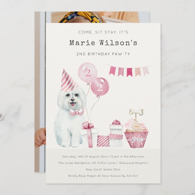 Cute Pink Dog Any Age Birthday Photo Party Invite  (Front/Back)