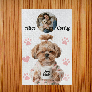 Cute Pink Dog Mum Photo Name Jigsaw Puzzle