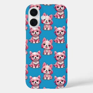 Cute Pink Dogs - Blue iPhone 16 Case