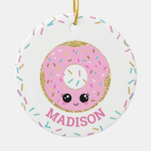 Cute Pink Donut Doughnut with Name Ceramic Ornament