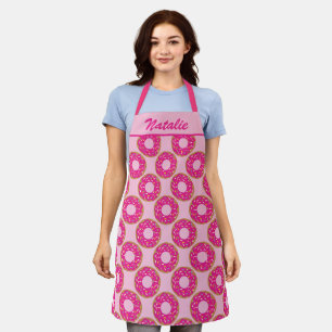 Cute pink donut print custom name kitchen baking apron