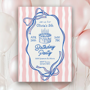 Cute Pink Doodle Frame and Bows 5th Birthday Invitation