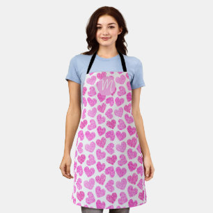 Cute Pink Doodled Heart Valentine's Day Monogram Apron