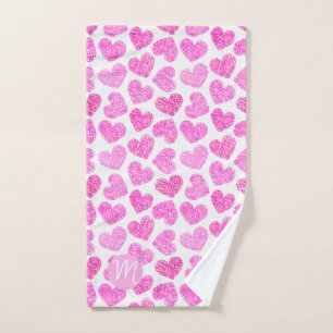Cute Pink Doodled Heart Valentine's Day Monogram Hand Towel