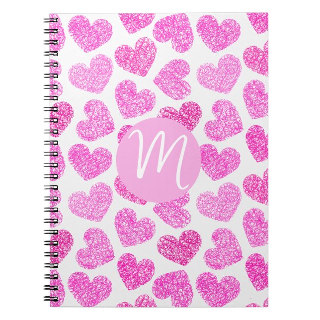 Cute Pink Doodled Heart Valentine's Day Monogram Notebook (Front)