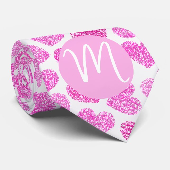 Cute Pink Doodled Heart Valentine's Day Monogram Tie (Rolled)