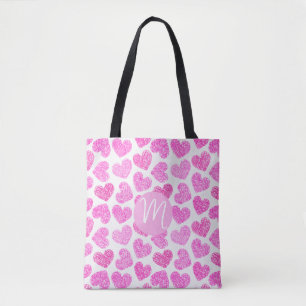 Cute Pink Doodled Heart Valentine's Day Monogram Tote Bag