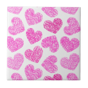 Cute Pink Doodled Heart Valentine's Day Pattern Ceramic Tile