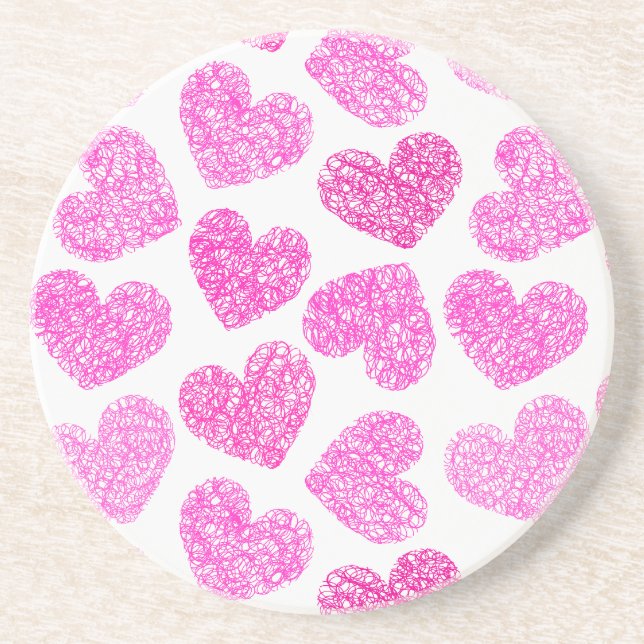 Cute Pink Doodled Heart Valentine's Day Pattern Coaster (Front)