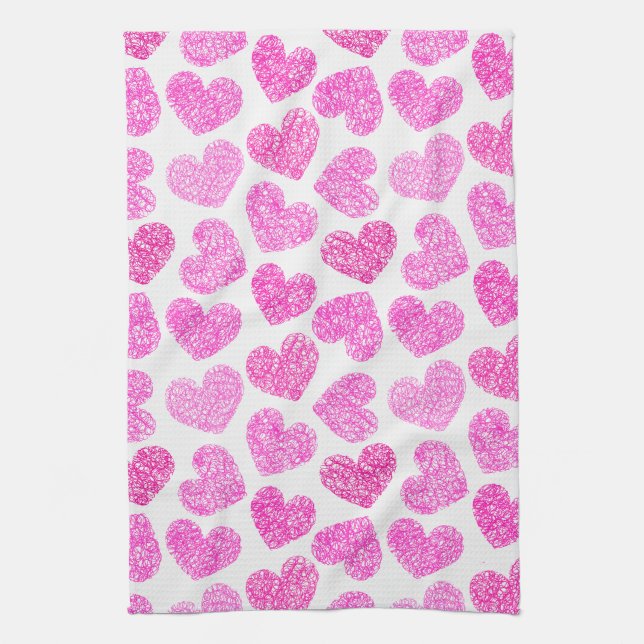 Cute Pink Doodled Heart Valentine's Day Pattern Tea Towel (Vertical)