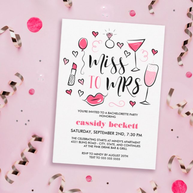 Cute Pink Doodles - Miss to Mrs Bachelorette Party Invitation (Creator Uploaded)