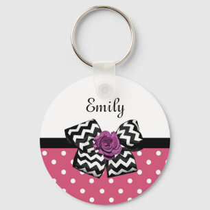 Cute Pink Dots Purple Rose Chevron Bow and Name Key Ring
