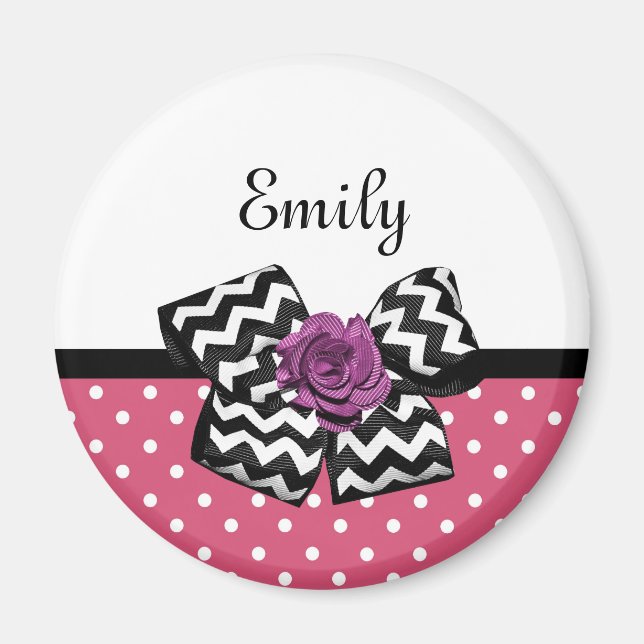 Cute Pink Dots Purple Rose Chevron Bow and Name Magnet (Front)