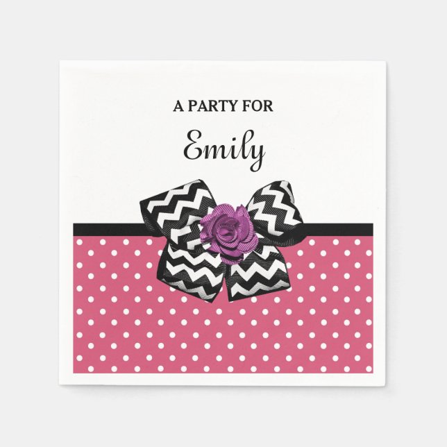 Cute Pink Dots Purple Rose Chevron Bow and Name Napkin (Front)